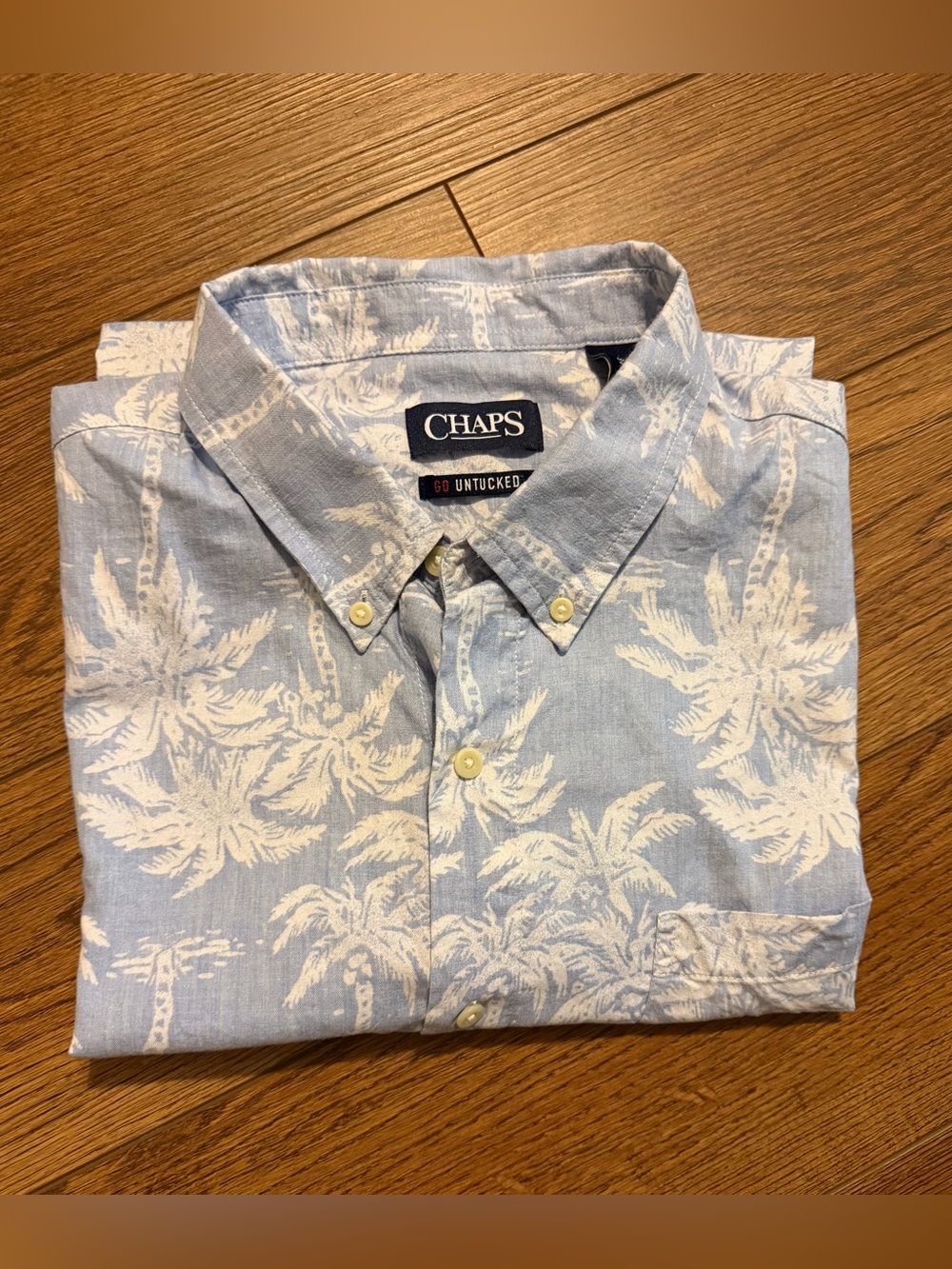 Chaps Hawaiian Go Untucked Light Blue and White Palm-Print Button-Down Shirt